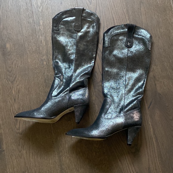 Larroude Louise Boot Metallic Oil Slick Shine Suede Cowboy Boots - Picture 2 of 5